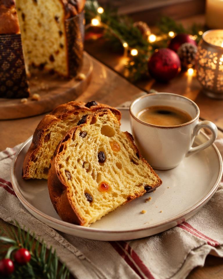 Panetone em fatias acompanhado de café